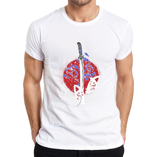 Maglietta Katana Samurai Kitsune Mask Sakura Cherry Blossom Japan Sun Uomo, Bianco, S-image