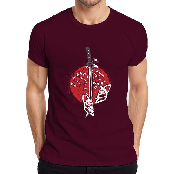 Maglietta Katana Samurai Kitsune Mask Sakura Cherry Blossom Japan Sun Uomo, Borgogna, Xl-image