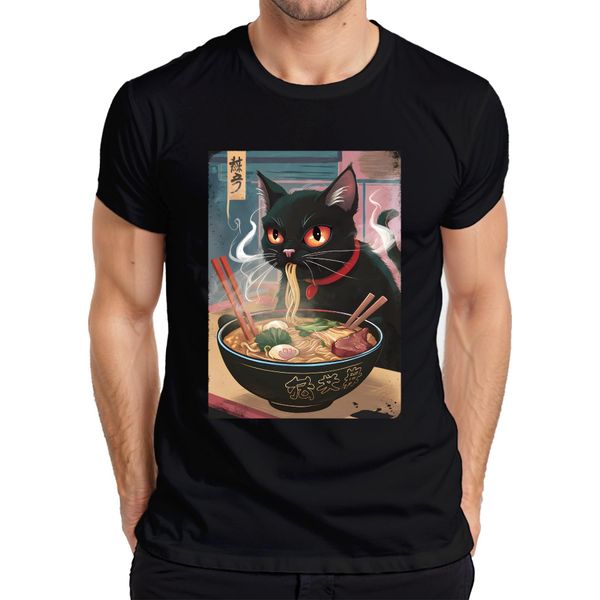 Maglietta Black Cat Ramen Noodle Soup Japanese Kawaii Anime Neko Chibi Uomo, Nero, L-image