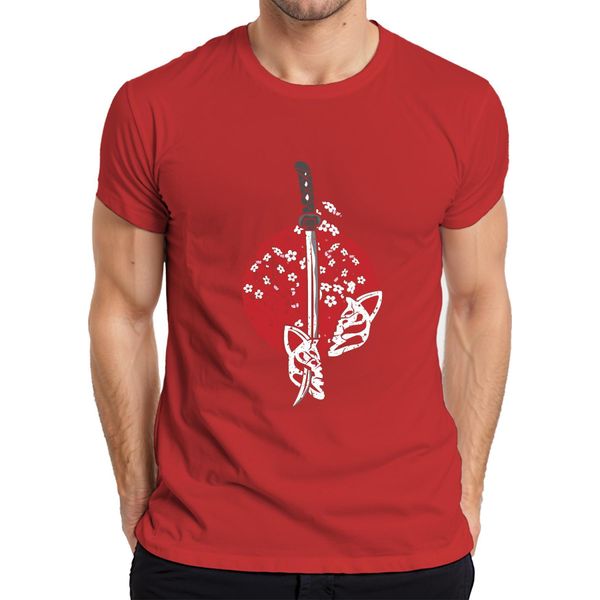 Maglietta Katana Samurai Kitsune Mask Sakura Cherry Blossom Japan Sun Uomo, Rosso, S-image