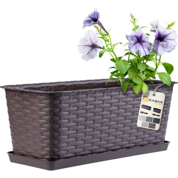 Fioriera Kadax 40 Cm Marrone Con Sottovaso, Aspetto Rattan - Fioriera Per Balcone O Davanzale, Resistente Fioriera Da Balcone-image