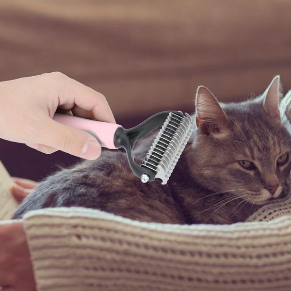 Pet Dog Cat Fur Hair Knot Cutter Rake Hair Removal Comb Brush Grooming Tool (Rosa L)-image
