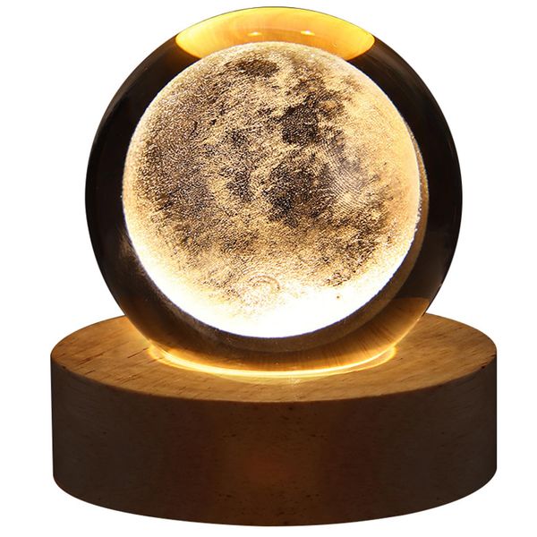 Lampada A Sfera Di Cristallo, Sfera Di Cristallo Luminosa Incisa In 3D, Lampada D'atmosfera Romantica Con Base In Legno-image