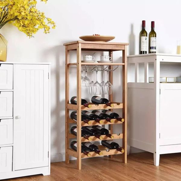 Elegante Portabottiglie In Bambù Con Supporto In Vetro - Portabottiglie Autoportante Per 16 Bottiglie, 100X47X30 Cm, Perfetto Per Bar E Soggiorno-image