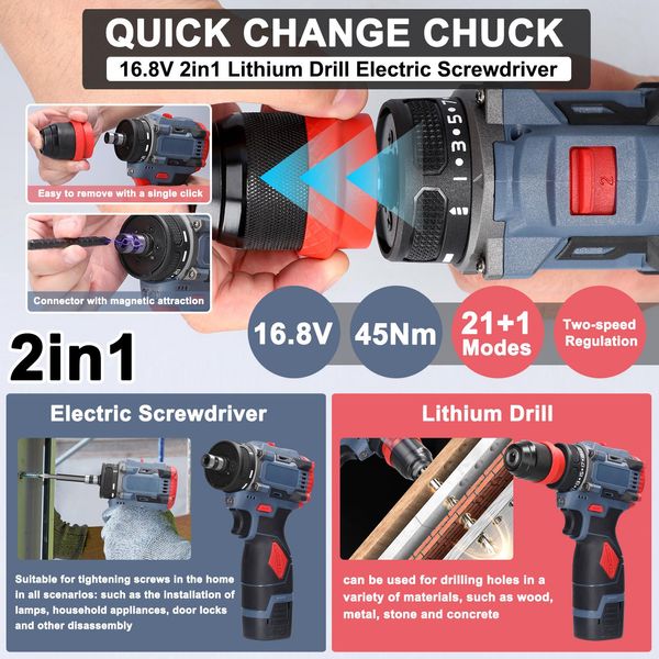 16.8V 2In1 Lithium Drill Electric Screwdriver Multi-Function Power Tool 45Nm Torque Brushless Motor Practical Screw Driver For Home Appliances Furniture Installation Automotive Electronics Repairing-image