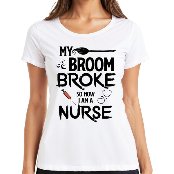 My Broom Broke Halloween Nurse Gift Funny Witch Ladies T-Shirt, Bianco, M-image