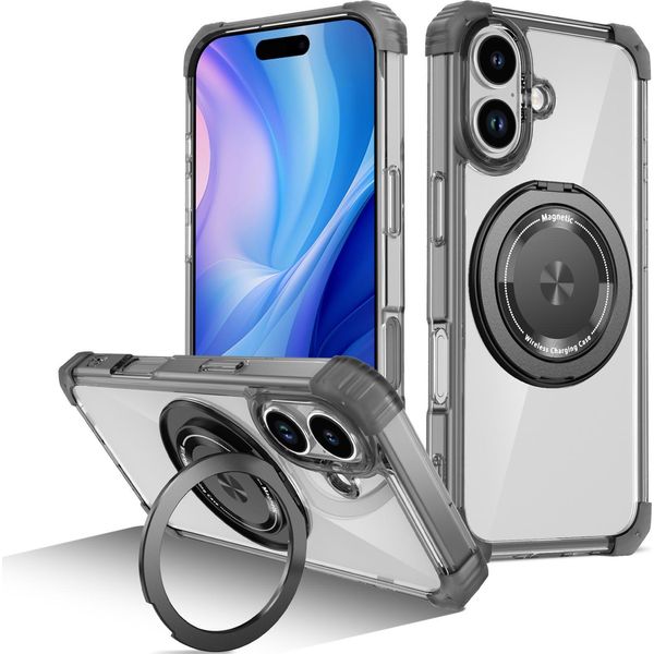 Custodia Per Iphone 17 Supporto Ad Anello Magnetico, Supporto, Compatibile Con Magsafe, Protezione Militare, Custodia Trasparente Nera-image