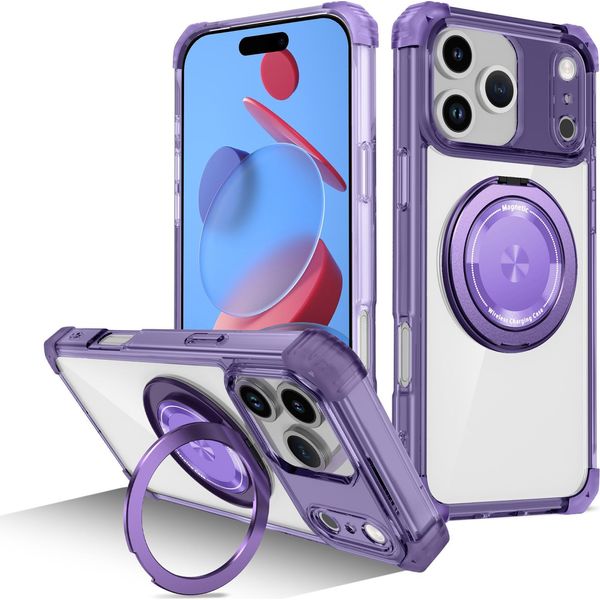 Custodia Per Iphone 17 Pro Max Supporto Ad Anello Magnetico, Supporto, Compatibile Con Magsafe, Protezione Militare, Custodia Trasparente Viola-image