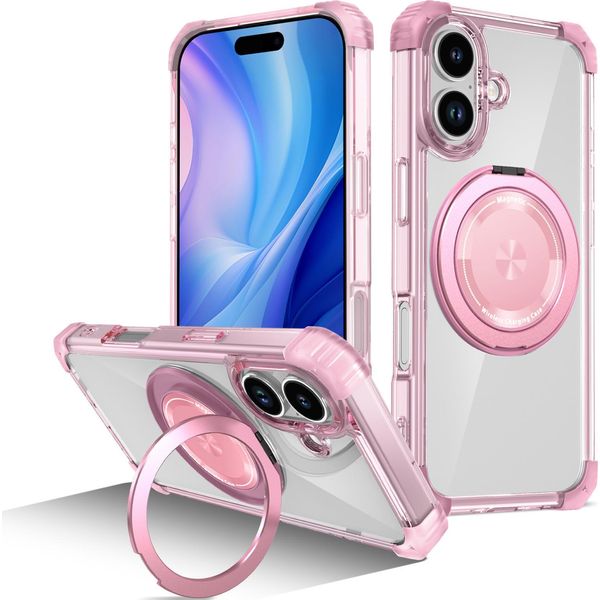 Custodia Per Iphone 17 Supporto Magnetico Ad Anello, Supporto, Compatibile Magsafe, Protezione Militare, Custodia Trasparente Rosa-image