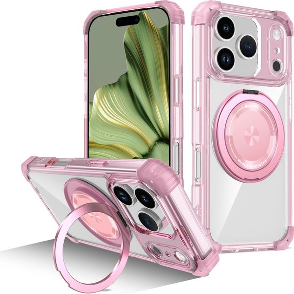 Custodia Per Iphone 17 Pro Supporto Ad Anello Magnetico, Supporto, Compatibile Con Magsafe, Protezione Militare, Custodia Trasparente Rosa-image