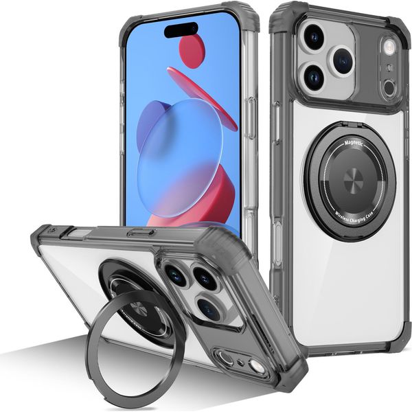 Custodia Per Iphone 17 Pro Max Supporto Ad Anello Magnetico, Supporto, Compatibile Con Magsafe, Protezione Militare, Custodia Trasparente Nera-image