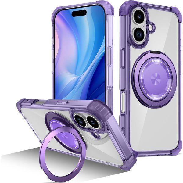 Custodia Per Iphone 17 Supporto Ad Anello Magnetico, Supporto, Compatibile Con Magsafe, Protezione Militare, Custodia Trasparente Viola-image