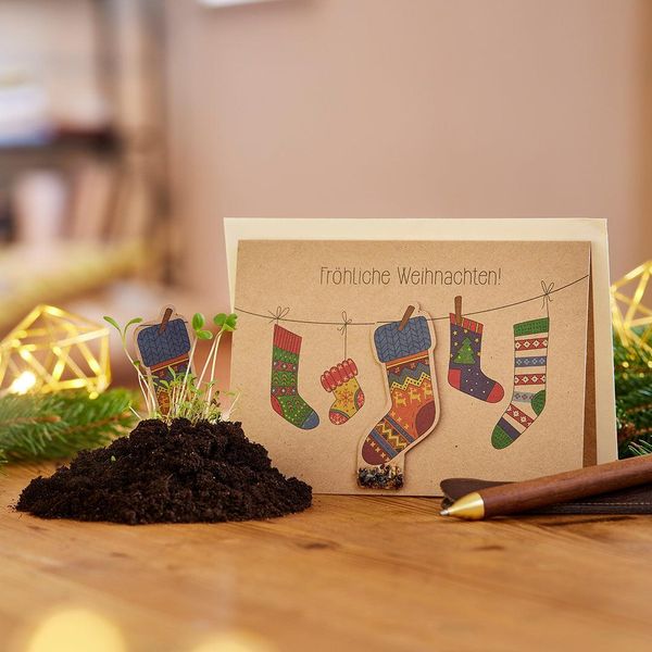 Calzini Per Biglietti Di Natale - Biglietto Di Auguri Piantabile Con Tappo Per Semi E Busta - Auguri Di Natale Sostenibili In Carta Kraft - Biglietto Con Semi Di Fiori Selvatici Da Piantare-image