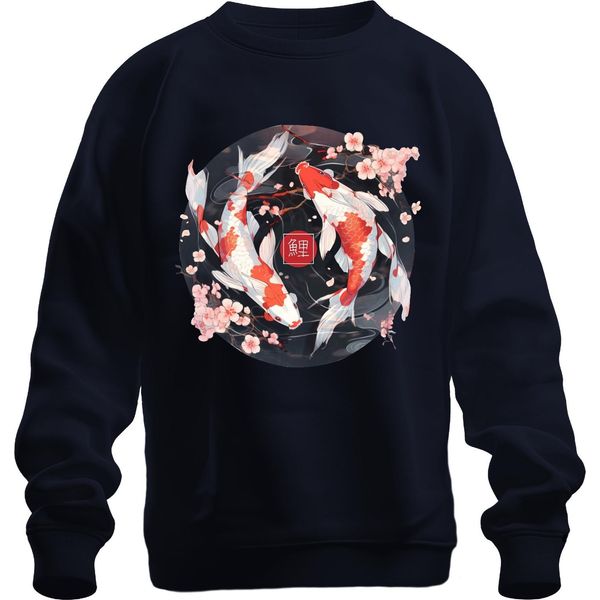 Koi Carp Sakura Japanese Fish Zen Cherry Blossoms Yinyang 鯉 Unisex Felpa Pullover, Navy, M-image