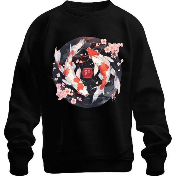 Koi Carp Sakura Japanese Fish Zen Cherry Blossoms Yinyang 鯉 Unisex Felpa Pullover, Nero, L-image