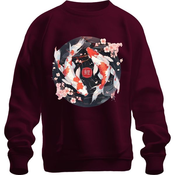 Koi Carp Sakura Japanese Fish Zen Cherry Blossoms Yinyang 鯉 Felpa Pullover Unisex, Borgogna, S-image
