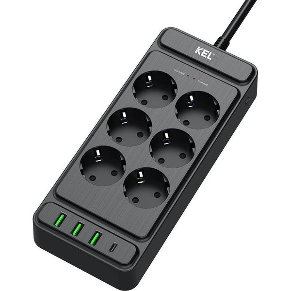 Presa Multipla Con 6X Schuko 230V 3X USB-A 1X USB-C 2M Nero-image