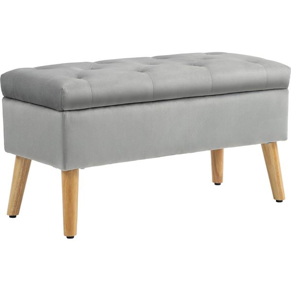 Panca Fortuna Lai Con Vano Contenitore, Panca Imbottita Con Coperchio, Panca Letto Effetto Velluto, Per Corridoio, Camera Da Letto, Soggiorno, Legno Di Gomma 102 X 35 X 43 Cm Grigio-image