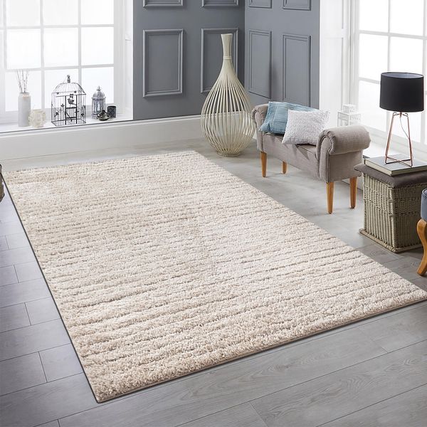 Tappeto Moderno Beige Motivo A Righe Morbido E Robusto Per Soggiorni Dimensioni - 140 X 200 Cm-image