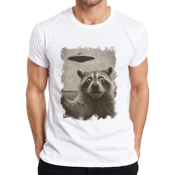 Maglietta Da Uomo Raccoon Ufo Vintage Retro Alien Funny Sci-Fi Space Sepia, Bianca, Xl-image