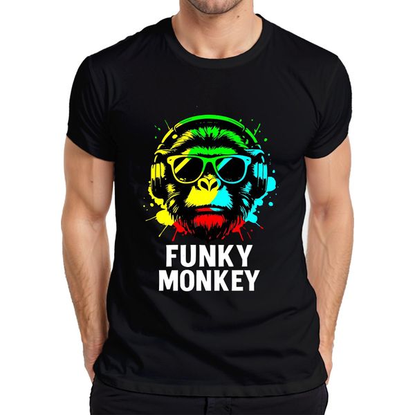 Funky Monkey Cuffie Occhiali Da Sole Musica Dj Retro Colorato Streetwear T-Shirt Da Uomo, Nero, M-image