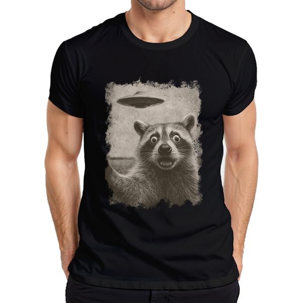 Maglietta Da Uomo Raccoon Ufo Vintage Retro Alien Funny Sci-Fi Space Sepia, Nero, 3XL-image