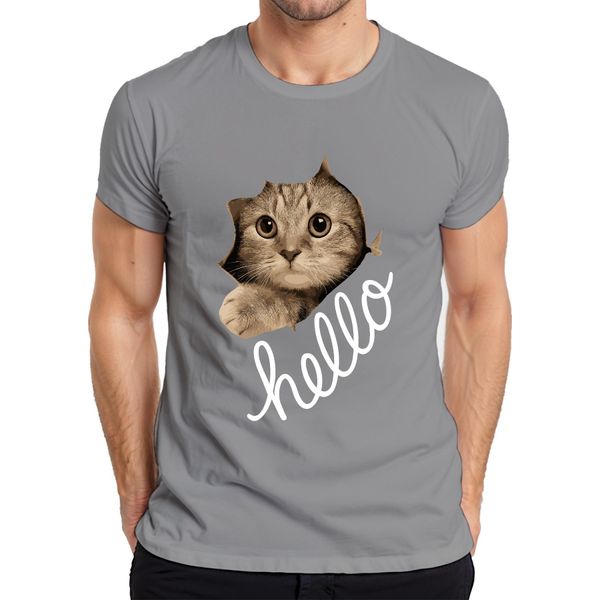 Maglietta Da Uomo Con Muso Di Gatto Che Guarda Attraverso La Carta, Grigio, 3XL-image