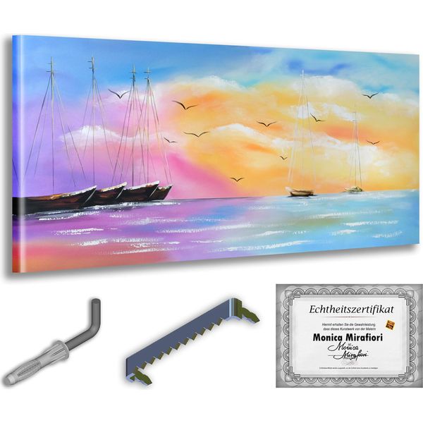Monica Mirafiori I 100% Dipinto A Mano I Quadro "Yachts"" 100X50Cm | Quadro Dipinto A Mano | Quadro Acrilico | Quadro Acrilico Molto Grande I Quadri D'arte Moderna I Quadri D'arte"-image