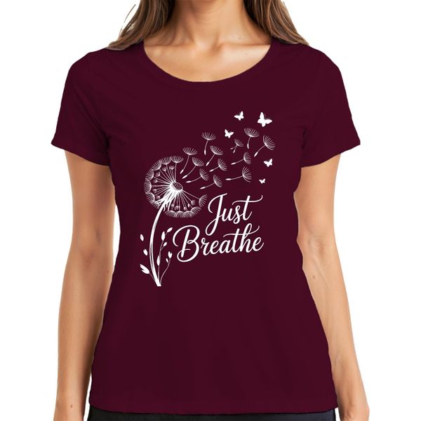 Just Breathe Dandelion Butterfly Mindfulness Yoga Meditation Maglietta Da Donna, Borgogna, M-image