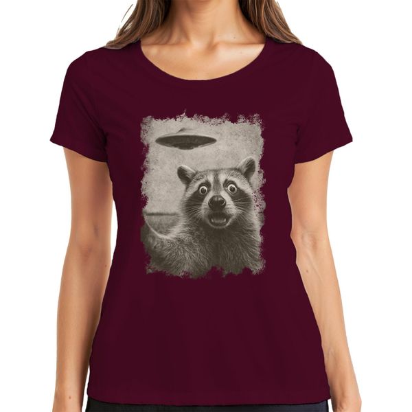 Maglietta Da Donna Raccoon Ufo Vintage Retro Alien Funny Sci-Fi Space Sepia, Borgogna, L-image