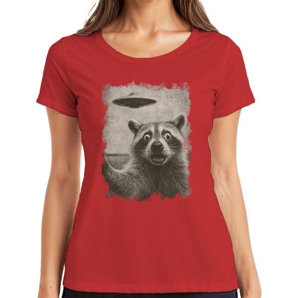 Maglietta Da Donna Raccoon Ufo Vintage Retro Alien Funny Sci-Fi Space Sepia, Rossa, Xxl-image