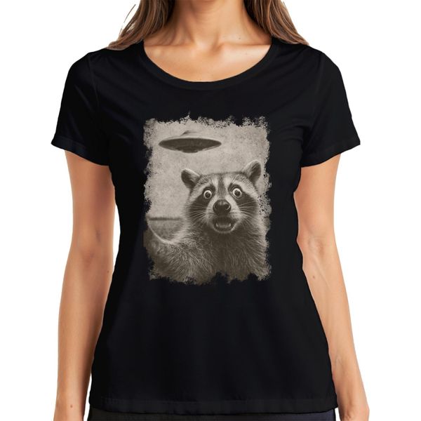 Maglietta Da Donna Raccoon Ufo Vintage Retro Alien Funny Sci-Fi Space Sepia, Nero, Xxl-image