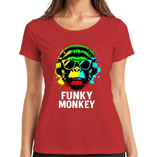 Funky Monkey Headphones Sunglasses Music Dj Retro Colourful Streetwear Ladies T-Shirt, Rosso, L-image