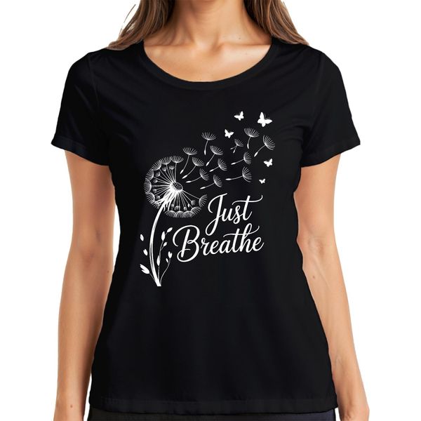 Just Breathe Dandelion Butterfly Mindfulness Yoga Meditation Maglietta Da Donna, Nero, M-image