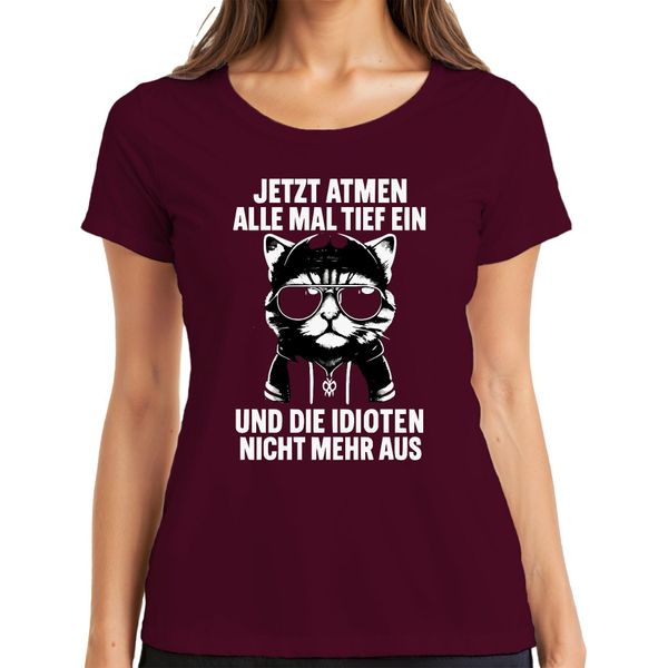 Ora Tutti Fanno Un Respiro Profondo Dicendo Che Il Gatto è Ironico T-Shirt Da Donna, Borgogna, Xl-image