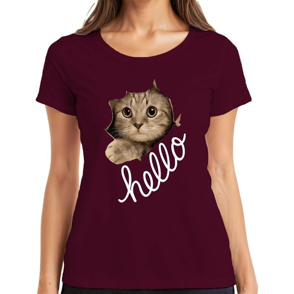 Maglietta Da Donna Con Muso Di Gatto Che Guarda Attraverso La Carta, Borgogna, Xl-image