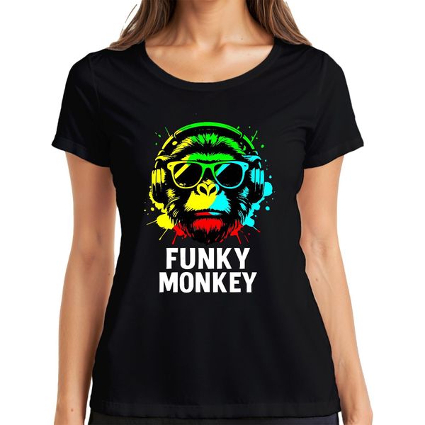 Funky Monkey Headphones Sunglasses Music Dj Retro Colourful Streetwear Ladies T-Shirt, Nero, L-image
