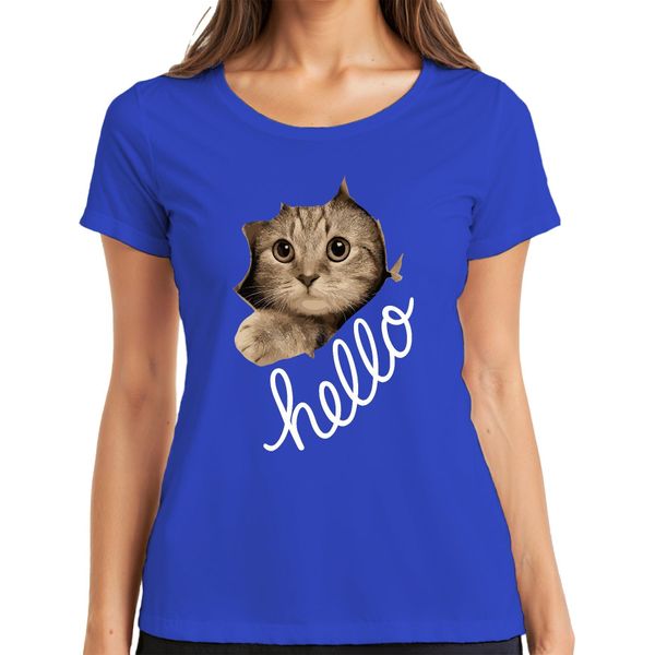 Maglietta Da Donna Con Muso Di Gatto Che Guarda Attraverso La Carta, Blu, Xl-image