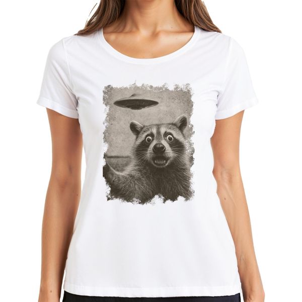 Maglietta Da Donna Raccoon Ufo Vintage Retro Alien Funny Sci-Fi Space Sepia, Bianca, Xxl-image