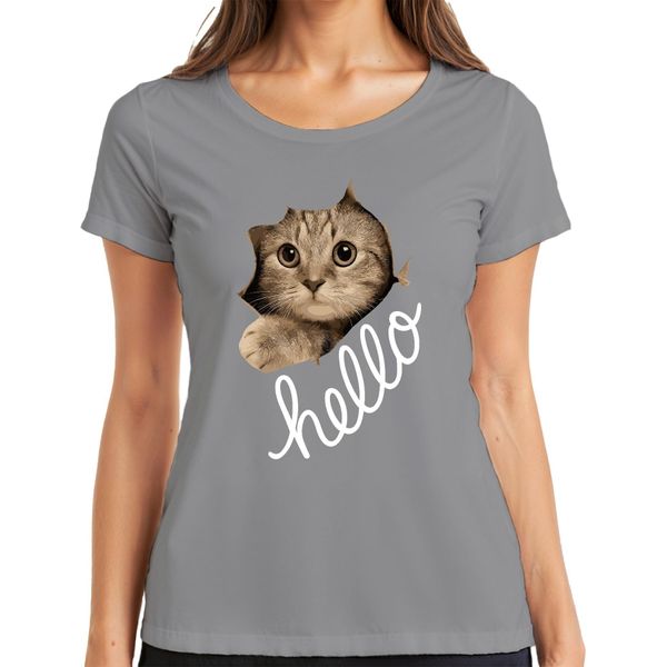 Maglietta Da Donna Con Muso Di Gatto Che Guarda Attraverso La Carta, Grigio, 3XL-image