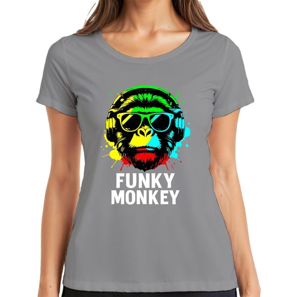 Funky Monkey Headphones Sunglasses Music Dj Retro Colourful Streetwear Ladies T-Shirt, Grigio, M-image