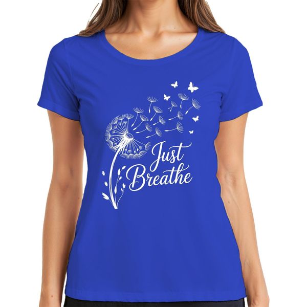 Just Breathe Dandelion Butterfly Mindfulness Yoga Meditation Maglietta Da Donna, Blu, S-image