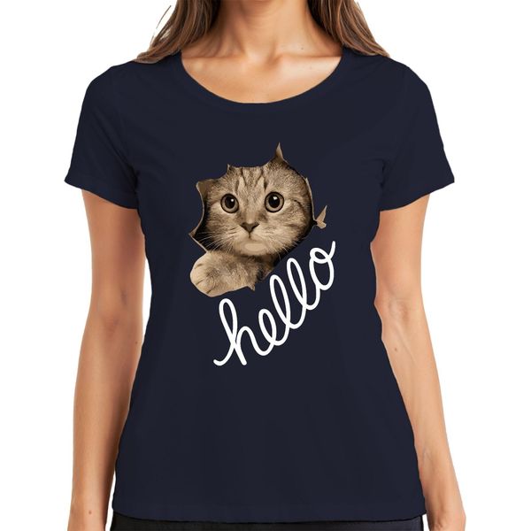 Maglietta Da Donna Con Muso Di Gatto Che Guarda Attraverso La Carta, Con Ventaglio, Navy, Xl-image