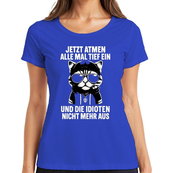 Ora Tutti Fanno Un Respiro Profondo Dicendo Che Il Gatto è Ironico Maglietta Da Donna, Blu, Xxl-image