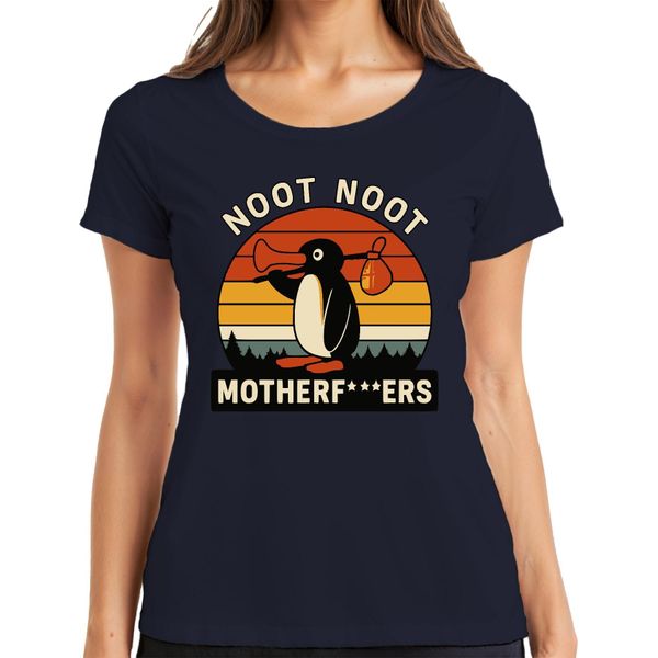 Maglietta Donna Noot Noot Motherf***Ers Retro Penguin Sunset Vintage, Navy, S-image