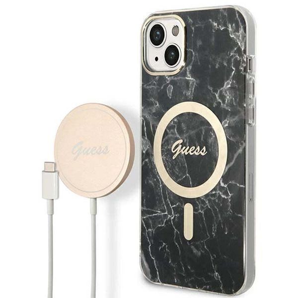 Zestaw Guess Gubpp14Mhmeacsk Custodia+ Caricatore Iphone 14 Plus / 15 Plus 6.7 Czarny/Nero Custodia Rigida Marmo Magsafe-image