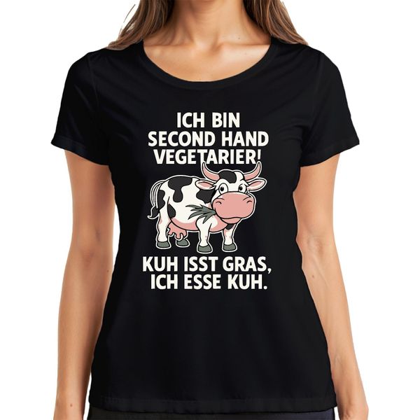 La Mucca Vegetariana Di Seconda Mano Mangia L'erba Io Mangio La Mucca Della Fattoria Maglietta Divertente Da Donna, Nero, S-image