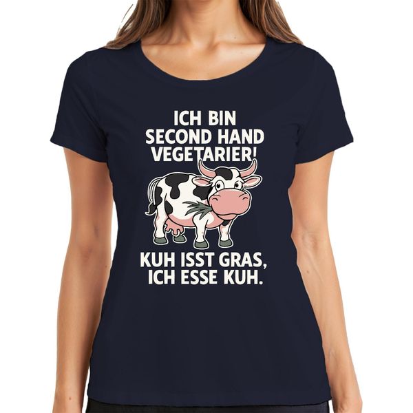 La Mucca Vegetariana Di Seconda Mano Mangia L'erba, Io Mangio La Fattoria Della Mucca Maglietta Divertente Da Donna, Navy, L-image