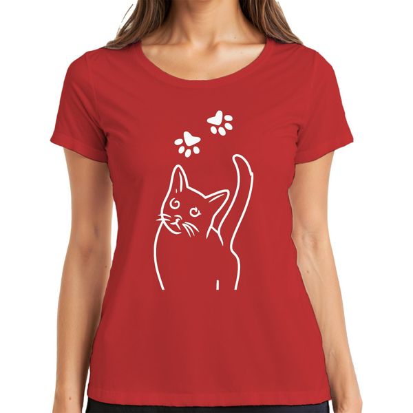 Maglietta Da Donna Minimalista Con Stampa Di Zampe Di Gatto, Rosso, S-image