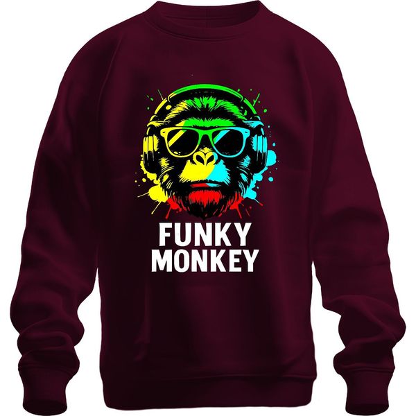 Funky Monkey Headphones Sunglasses Music Dj Retro Colourful Streetwear Unisex Sweatshirt Pullover, Burgundy, Xl-image
